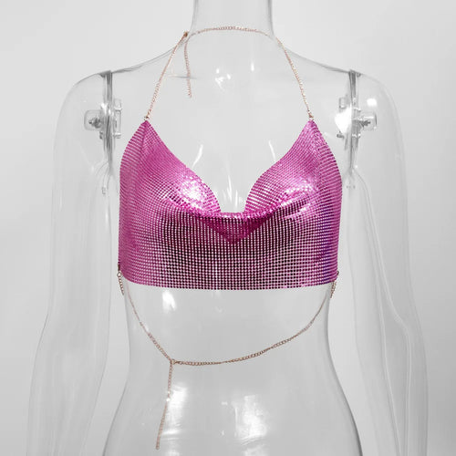 Sexy Metal Metallic Crop Top Women Beach Halter Corset Tops Glitter