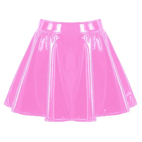 Women Glossy Patent Leather Flared Miniskirt Dance A Line Skirt