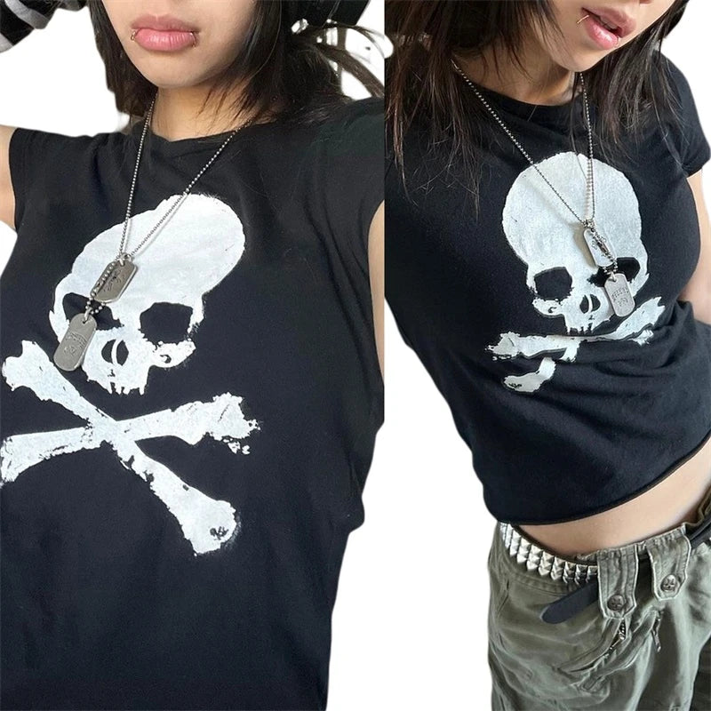 Vintage Grunge Graphic Print Short Sleeve T-Shirt Y2k Slim Crop Top