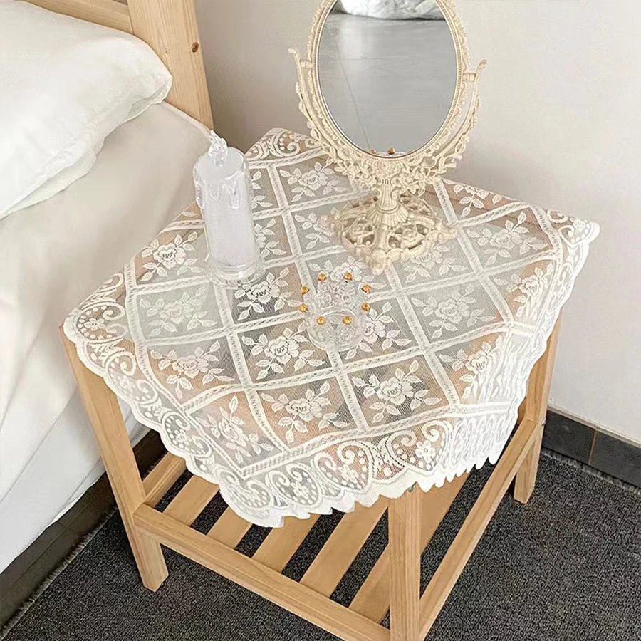 One Antique Embroidered Lace Tablecloth - Solid Color Elegant Flower